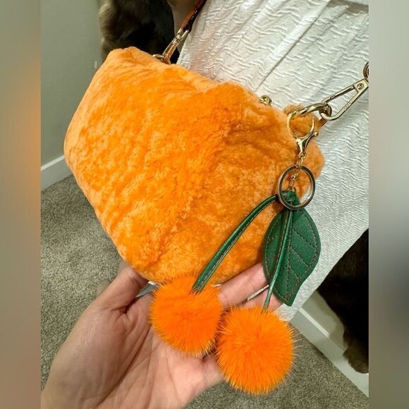 Orange Real Shearling Double Zip Pillow Bag, Lamb Fur Shoulder Bag, Crossbody - Picture 12 of 16